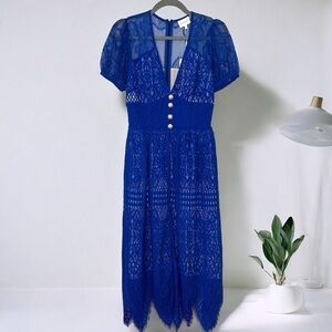 NWT Foxiedox Blue Matilda Lace Midi Dress with Puff Sleeves Small Anthro